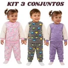 Kit 3 ou 1 Pijama Infantil Inverno Fleece Bebê Menino Menina Soft Quentinho Blusa e Calça 6 a 2 anos