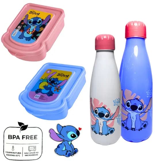 Kit Garrafa Squeeze 600ML + Lancheira Porta Lanche Stitch