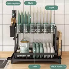 Escorredor Organizador de Louças Preto Aço Inoxidável Rack Cozinha Suspensa Louça Organizador Estante de asfalto duplo