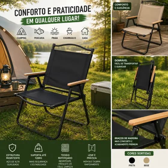 Cadeira Camping Dobrável Conforto Braços Madeira Reforçada Portátil Leve