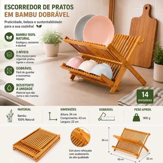 Escorredor De Pratos Bamboo Dobrável Compacto Ecológico Moderno Organizador Antimofo