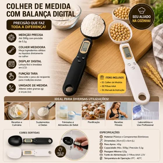 COLHER DE MEDIDA COM BALANÇA  DIGITAL LCD MEDIDOR DE ALTA PRECISÃO Até 0,1g 500g