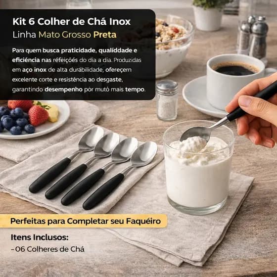 Kit 6 Colheres Cha Inox Linha Mato Grosso Cabo Preto Durabilidade Alta Qualidade Design Elegante