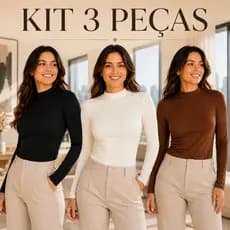 Kit 3 Blusas Feminina Manga Longa Cacharrel Segunda Pele Básica Gola Alta Frio Inverno