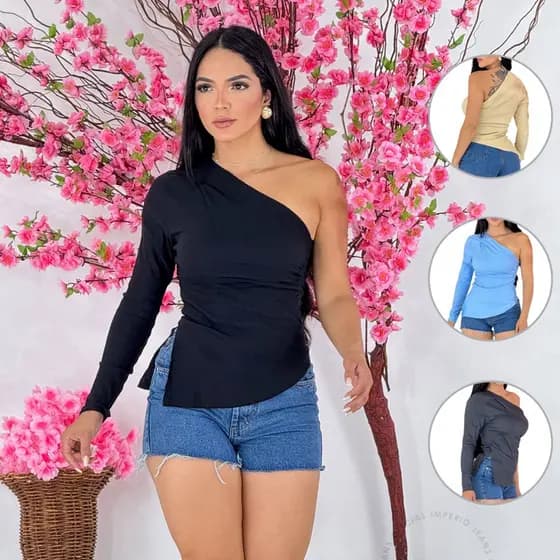 Blusa Assimétrica Blusinha Mula Manca Feminina Um Ombro Só Manga Longa Fenda Lateral Nula Manga