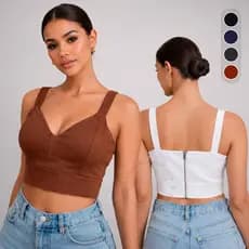 Cropped Alça Bengaline Zíper Nas Costas Feminino Alcinha Confortável Moda Verão Fashion