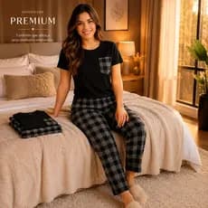 Pijama Feminino Longo Xadrez Algodão Inverno Confortável
