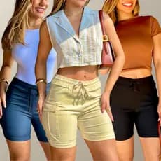 Kit Bermuda  Cargo Cintura Elástica Short Feminino Tecido Bengaline 2 Bolsos Look Casual