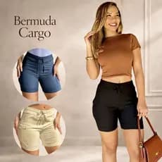 Bermuda Cargo Feminina Bengaline Cintura Elástica 2 Bolsos Casual