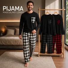 Pijama Masculino Longo Xadrez Algodão Conjunto Inverno Manga Curta Calça Longa Confortável Bolso