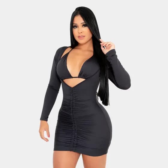Vestido 2 Peças Manga Longa Saia Ajustavel top separado Com Bojo