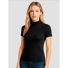 Camiseta Blusinha Feminina Canelada Gola Alta Manga Curta