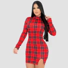 Vestido Xadrez Gola Alta Manga Longa Fenda Frontal Acinturado a pronta entrega