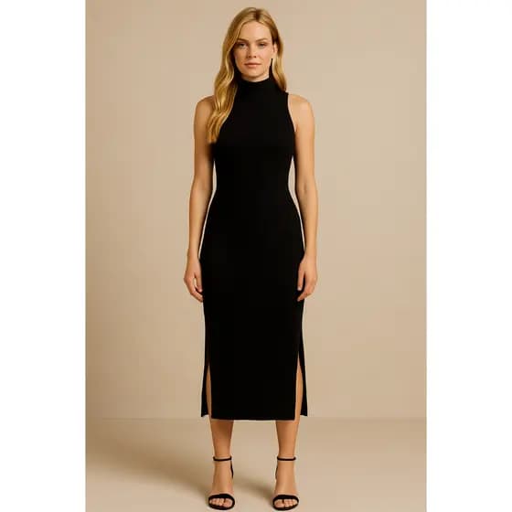 Vestido Midi Canelado Casual Gola Alta Sem Manga Com Fendas