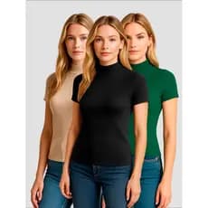 Kit 3 Camisetas Blusinha Feminina Canelada Gola Alta Manga Curta
