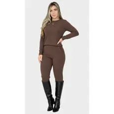 Conjunto feminino malha crepe calça jogger com bolsos laterais blusa manga longa gola redonda