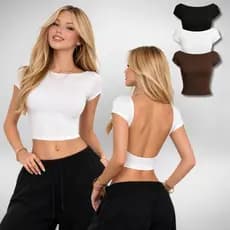 Cropped Feminino Costa Nua Ombro a Ombro Baby Tee Suplex Manga Curta Moda Verão Entrega Rápida