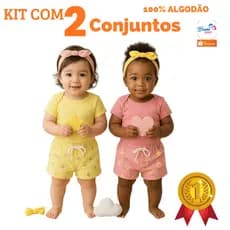 Kit 2 Conjuntos de Bebê Menina Body e Short e Tiara Malha Algodão BRUNO BABY