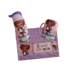 Kit Caneca (polimero), toalha e Squeeze (garrafa) colorido personalida