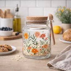 Porta Condimento de Vidro Decorado Floral 240ml com Colher Bambu e Tampa Cortiça