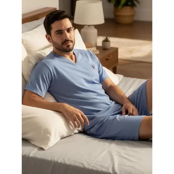 Pijama Masculino Verão Gola V Camisa Manga Curta Short Adulto David
