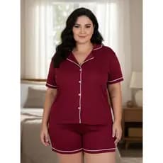Pijama Americano Plus Size Blusa com Botões que Abrem e Short Brenda 50 52 54 56