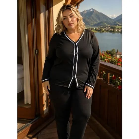 Pijama Inverno Plus Size Blusa Manga Longa e Calça Janaína 50 52 54 56