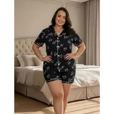 Pijama Americano Estampado Plus Size Blusa com Botões que Abrem e Short Anastácia 50 52 54 56