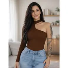 Body Feminino Um Ombro Só Preto Manga Longa Antonella