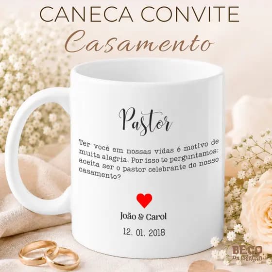 Caneca Personalizada Lembrança Pastor Casamento Porcelana Branca Importada 325ml