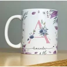 Caneca Com Inicial e Nome Floral Porcelana Personalizada 325ml Temos Todas as Letras Iniciais
