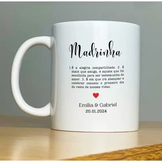 Caneca Personalizada Casamento Padrinhos com Nome e Data  Madrinha Porcelana 325ml Linha Premium