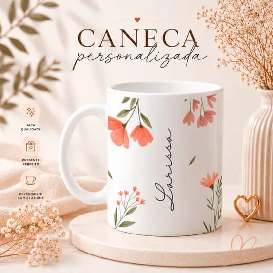 Caneca Personalizada Nome Floral Minimalista - Porcelana Premium 325 ml