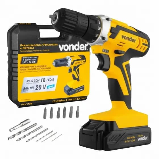 Parafusadeira e Furadeira Vonder PFV 238 Bateria 20V Kit Completo Maleta Bivolt