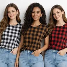 Blusa Feminina Xadrez Manga Curta Casual Confortável Moda Outono Inverno