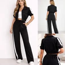 Conjunto Feminino Jaqueta Manga Curta e Calça Pantalona Duas Cores