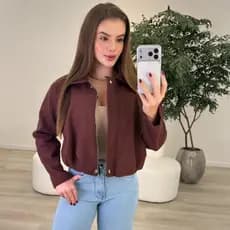 Jaqueta Feminina Lã Batida Bomber over Manga Longa com ziper