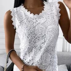 Camiseta Jacquard Vintage Lace De Verão Sem Mangas Cor Sólida Top Ladies Casual Camisas De Pescoço O Camisole Tank Plus Size