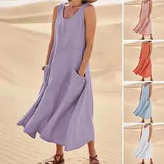 Vestido De Linho De Algodão Sem Mangas Feminino Com Bolsos Estilo Boho Praia Gola Careups De Verão Cor Sólida Largo Adaptado Para Férias Diárias