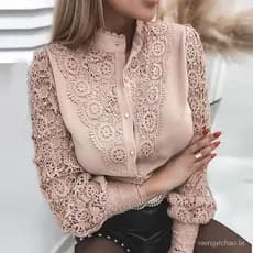 Blusa feminina de renda vintage elegante com mangas requintadas rosa botão blusa mulher blusa 2023 Blusa feminina casual de moda blusa feminina