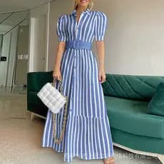 TIKTO Vestido Maxi Feminino Com Elegante Manga Buffant Cinto Longo Listrado