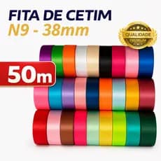 Fita de Cetim N9 38mm – Rolo 50 metros – Laços, Artesanato, Presentes – Diversas Cores Face Simples