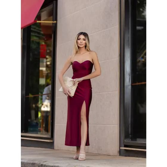 Vestido Longo Tomara Que Caia Com Fenda Malha Trilobal
