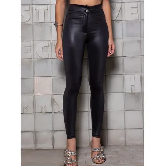 Calça Hotpants Disco Cirre Cintura Alta Couro Fake