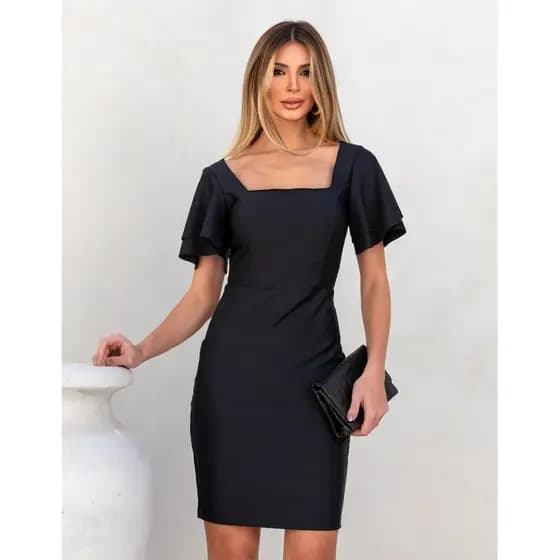 Vestido Social Preto Curto com Decote Quadrado com Bojo