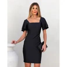 Vestido Social Preto Curto com Decote Quadrado com Bojo