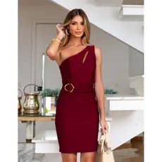 Vestido Mula Manca Ombro Unico Com Cinto Embutido e Bojo Festa, Casual, Eventos, Trabalho