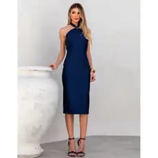 Vestido Feminino Midi Frente Única Gola Halter Costas Nua