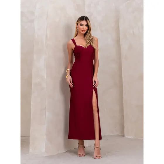 Vestido Longo Com Alça Corselet Com Fenda Malha Trilobal