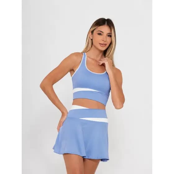 Conjunto Fitness Esportivo Feminino 2 Peças Top Cropped com Viés Contrastante e Short Saia Fitness